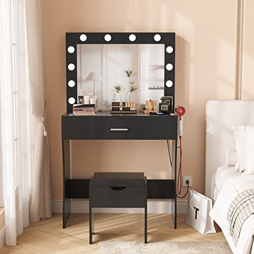 Vanity Table Set With 12 Light Bulbs, Makeup Dressing Table With Big Drawer & Mirror, Dresser Desk For Bedroom, Living Room Black #TOP1