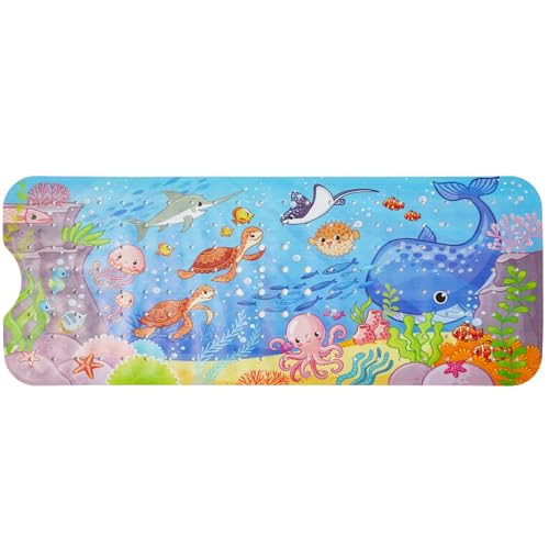 Image of Treebud Bathtub Mat for Kids - Non Slip Cartoon Bath Mat with Suction Cup and Drain Hole, Extra-Long 40 X 16 Inch Bath Tub and Shower Mat for Baby Toddlers, Machine Washable, Blue-Halobios