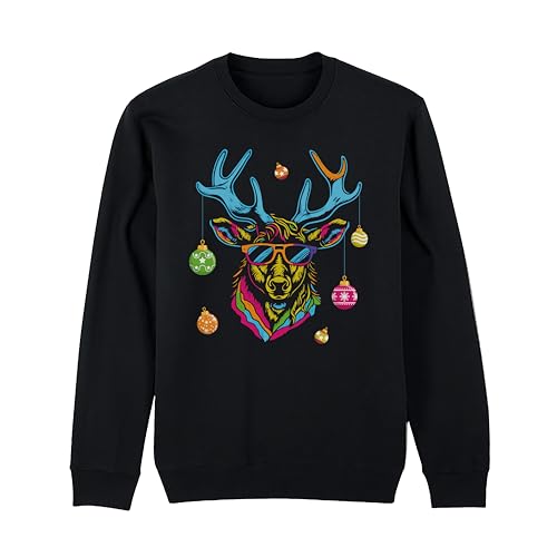 Weihnachtspullover Cooler Elch bunt Pullover mit Weihnachts-Motiv -...