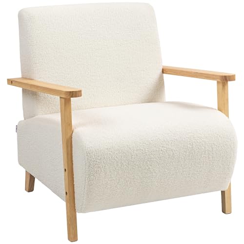 HOMCOM Fauteuil Salon, Fauteuil 1 Place, Style Nordique, Tissu Effet Laine bouclée, Structure en Bois Massif, pour Salon, Chambre à Coucher, Salle d'étude,...