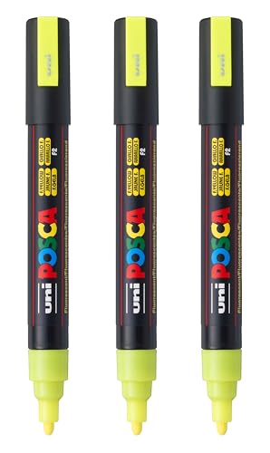 Image of posca PC-5M Water-Based Paint Markers, Reversible Medium Tip (1.8-2.5mm), Fluorescent Yellow, 3 Count