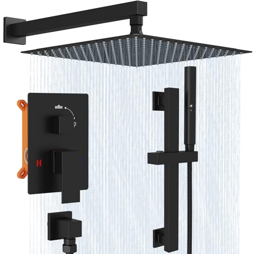 Hoimpro 12 Inch Matte Black Shower System with Adjustable Slide Bar, Square Rain Shower Head and Wand Wall Mounted, Rainfall Shower Faucet Fixture Combo Set, 2 in 1 Handheld Showerhead for Bathroom