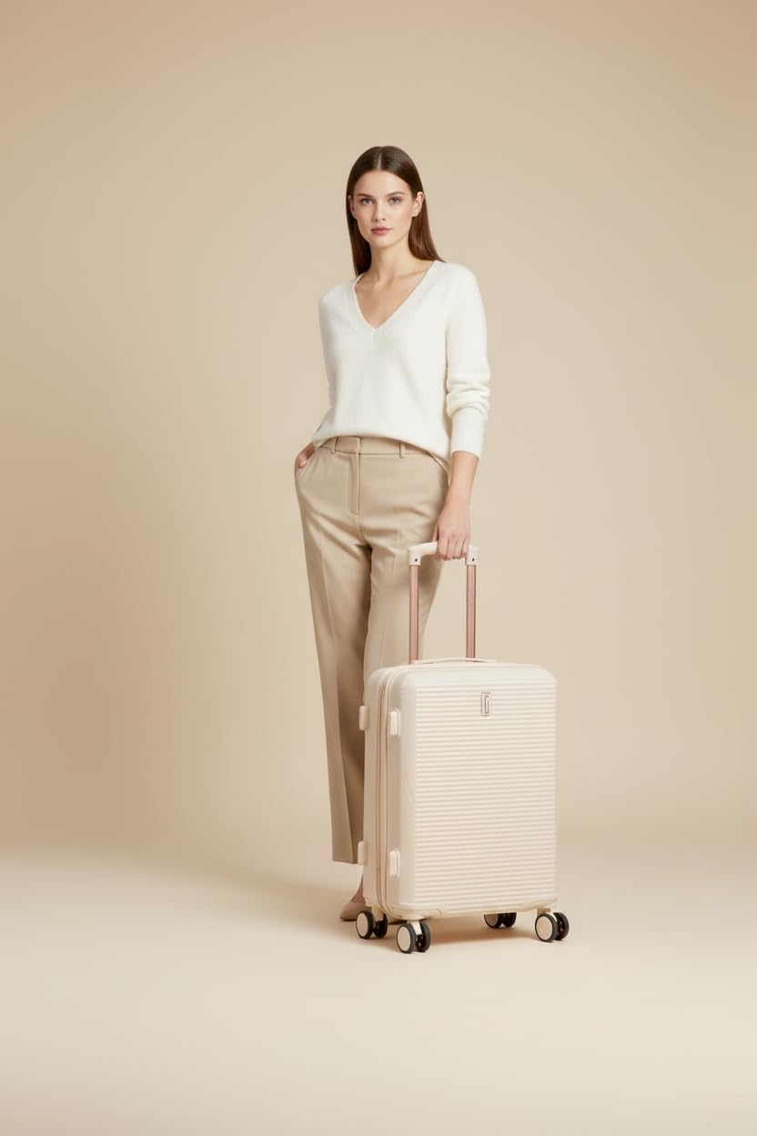 CELIMS - Valise Moyenne Taille Rigide à 4 roulettes Légère Soute 23kg 65cm | Cadenas TSA | Extensible | Bagage Moyenne avec 4 Roues 65cm | Valise Week-End | Beige