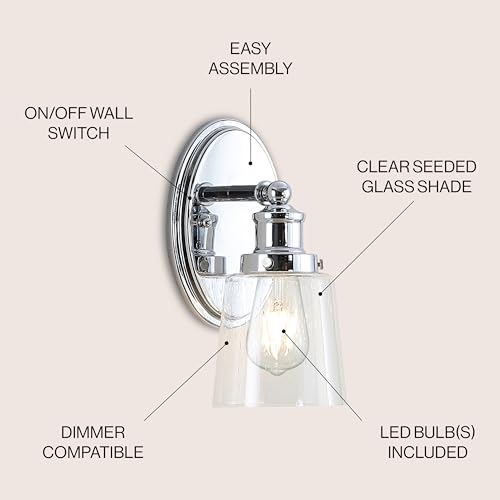 Image of JONATHAN Y 5 inch Chrome 1-Light LED Vanity Light, Farmhouse Wall Sconce for Bathroom Mirror, Clear Seeded Glass Shade, Rustic Iron Fixture for Kitchen Hallway, LED Bulb Included JYL7530A