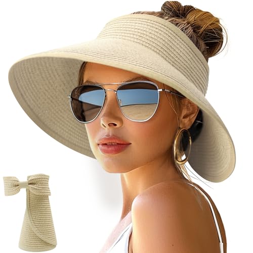 Image of NPJY Sun Hats for Women Wide Brim Roll-Up Beach Ponytail Hat Packable Foldable Travel Straw Visor