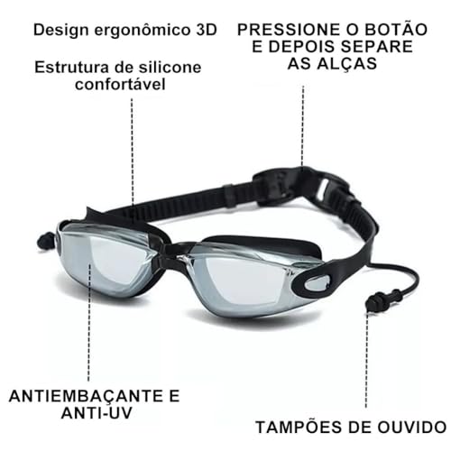 Óculos De Natação - Kit Com 5 Em 1 Proteção Uv Cor Preta, óculos de natação profissional