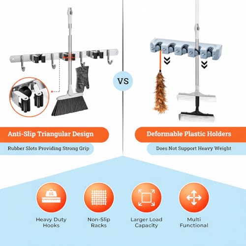 Image of Ternero Mop and Broom Organizer 4 Racks 5 Hooks, Heavy Duty Broom Wall Mount Rake Holder Stainless Steel Tool Hanger for Home, Kitchen, Garage, Garden, Laundry Room, Bathroom Organization
