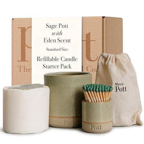Image of Pott Candles Refillable Candle Starter Pack, Eden Scent, 60 Hour Burn Time, Standard Size, Ceramic Holder, Candle Refill, Match Pott, Natural Wax, UK Made