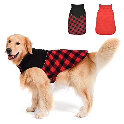 Fragralley Dog Winter Coat, Reversible Waterproof Winter Pet Snow Jacket, Dog Cold Clothes Warm Cotton Vest Windproof Sweaters, Plaid with Reflective, for Small Medium and Large Dogs
