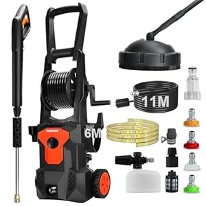 Pressure Washers, 160Bar 450L/H Flow Rate Jet Washers/Pressure Washers with Adjustable Foam Cannon, 4 Nozzles, Brush, High Pressure Washer with 17m Total Long, Power Washer for Patio and Car