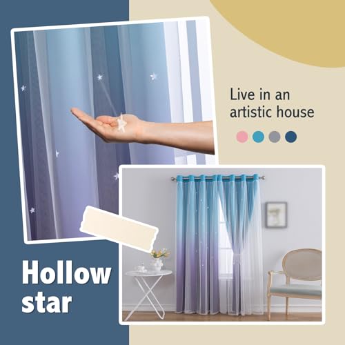Image of indistar Colourful Stripe Star Cut-Out Blackout Curtains for Bedroom,2 Layers Mix Design of Fabric & Tulle,Pretty Window Curtain for Kids Room 1 Panel (W52 x L63 Blue Purple)