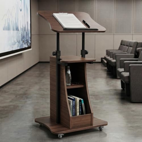 Image of POWERSTONE 2PCS Sit to Stand Mobile Lectern Teacher Podium Stand Brown | Rolling Laptop Desk Cart with Storage Shelves, Casters, Swivel Top, Height Adjustable, for Classroom, Concert, Church