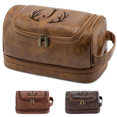 Mens Toiletry Bag Personalized Easter Fathers Day Birthday Gifts for Men Him Initial PU Leather Waterproof Shaving Bag for Toiletries Accessories Travel Essential for Dad Husband Boyfriend (M)