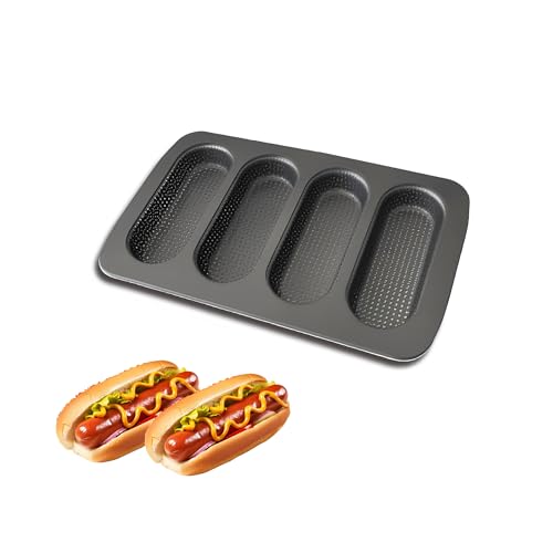 JSJMOFA Hotdog Brötchenform, Mini Baguette Backform für Hotdogs, Antihaft Hot Dog Brötchenform, Brötchen Backform Länglich, Gelochte Brotbackform aus Kohlenstoffstahl, Schwarz