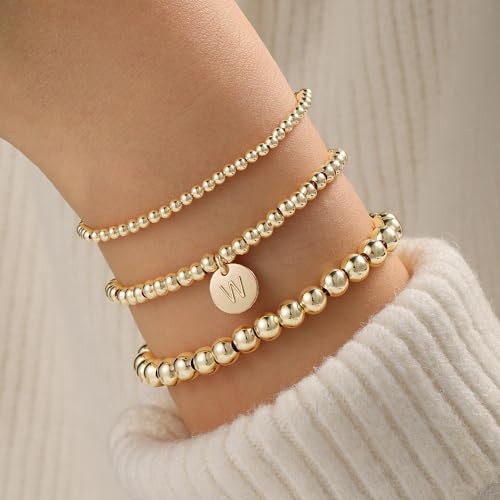 Turandoss Gold Bracelets for Women Gifts - Dainty 14K Gold Plated Stackable Beaded Bracelets for Women Trendy, Gold Beaded Stacking Monogram Bracelet, Gold Jewelry Gifts for Women2