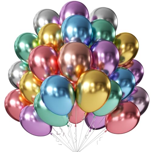 Image of KALOR 12 Inch Metallic Multicolor Balloons, 50 Pcs Latex Helium Metallic Balloons for Kid's Birthday Party, Baby Shower, Wedding, Graduate Party Decorations
