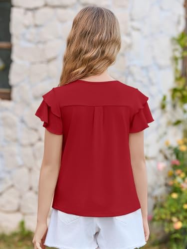 Image of Haloumoning Girls Pleated Ruffle Short Sleeve Shirts Kids Summer Crewneck T-Shirts Fashion Tops Tees 5-14 Years