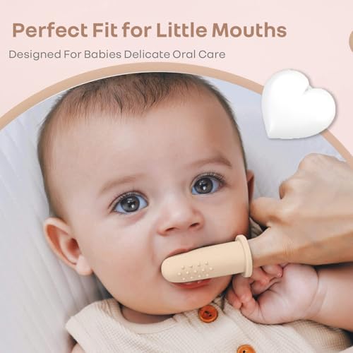 Image of R for Rabbit Tiny Smiles Gummy Finger Toothbrush for Babies | BPA-Free Silicone 2 in 1 Brush & Tongue Cleaner with Storage Case | Oral Care for 0+ Months | Safe & Travel-Friendly (Beige)