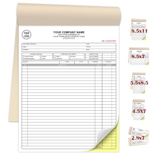 Custom Invoice Book for Small Business,8.5 x11 Inches Invoice Receipt Book, 2-Part Carbonless Forms, Personalized Company Name, Address, Phone Number
