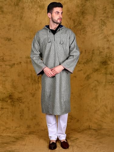 Image of Exotic India Men's Woolen Blend Kashmiri Phiran with Hood | Pure Wool Long Overcoat-Oversized Phiran for Men
