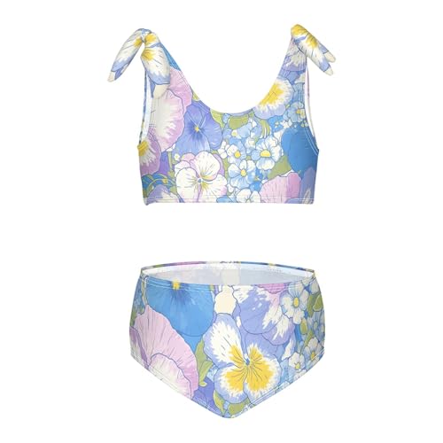 KLL The Garden Tricolor Pansy Flower Girls' Two Piece Bikini Set Beach Bathing Suit Swimwear Adjustable Strap