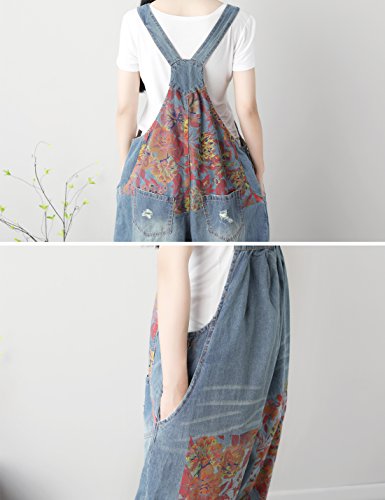 Flygo Women's Loose Boyfriend Floral Printed Wide Leg Denim Bib Overalls Jumpsuits With Pockets (One Size, Blue 02) #TOP6