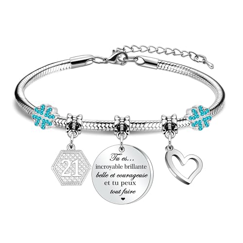 HEYEJET 21e Cadeaux d'Anniversaire pour Femmes Filles Bijoux En Argent Bracelet pour 21ème Cadeaux d'Anniversaire pour Fille Nièce Sœur Amie Adolescente Filles BFF Bestie (21)