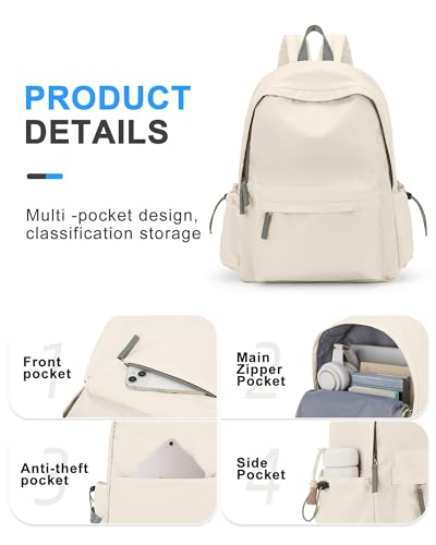 VECAVE School Backpack for Women Men, Lightweight Travel Casual Daypack Laptop Rucksack, Waterproof College High Secondary School Bags Bookbag for Boys Girls Teens BeigeGreen - Thumbnail 3