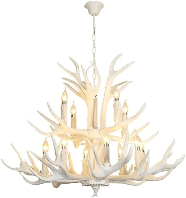 Large White Antler Chandelier Rustic 12 Lights Deer Horn Pendant Light Antique White Farmhouse Chandelier Vintage Candle Style Faux Antler Hanging Ceiling Light