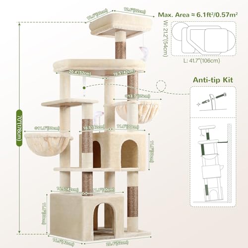 Image of Globlazer Sturdy Cat Tree for Indoor Cats 20 lbs, S68, Beige | 68-inch Large Cat Tower for Adult Big Cats, Heavy Duty Cat Tree with Extra Large Platform, 5 Scratching Post