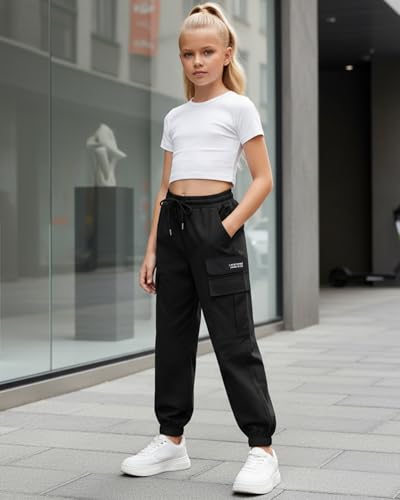 Image of JiAmy Girls Cargo Pants Elastic High Waist Drawstring Pants Jogger Trousers Casual Loose with Pockets 6-14Y