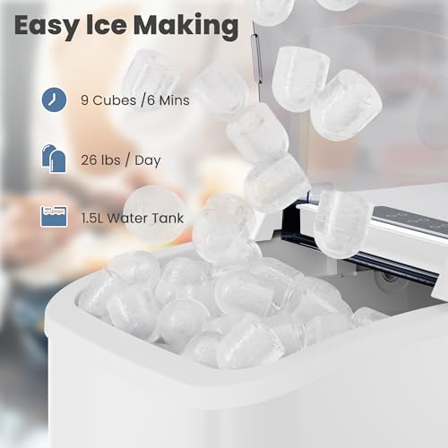 Image of DUMOS Countertop Ice Maker with Handle, 26lbs /24H Portable Ice Machine | 9 Bullet Cubes Ready in 6 Mins, Self-Cleaning, Quiet Compact for Home, Kitchen, RV, Camping, White