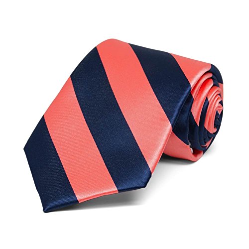 tiemart Boys' Neckties for 8 to13 years old (Bright Coral and Navy Blue Striped)
