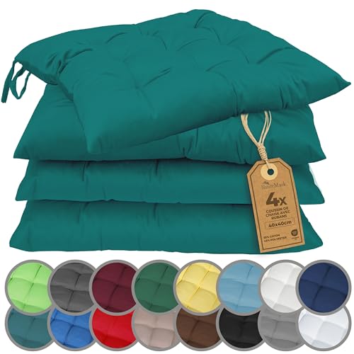NatureMark Lot de 4 Galettes de Chaises avec Rubans 40x40 cm – Coussin de Chaise Épais pour Intérieur & Jardin – Couleur Pétrole