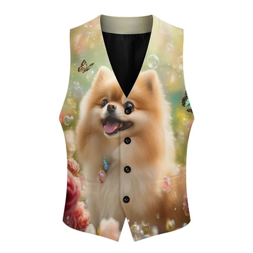 Pomeranian Dog Butterfly Men's Suit Vests Business Formal Dress Vest V-Neck Waistcoat for Wedding Casual4