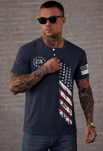 Men's Patriotic Henley Shirts Muscle Distressed American Flag 1776 Vintage T-Shirts (S-3XL)3