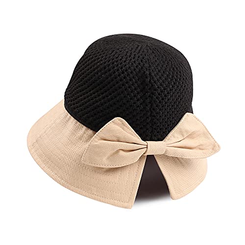 Women Wide Brim Hat Hollow Breathable Summer Bucket Hat Bow Lady’s Sun Cap for Travel (Beige)