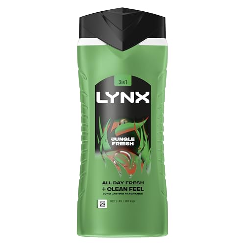 Lynx Jungle Fresh 3-in-1 Body Wash Hair, Face and Body Cleanser shower gel with a palm leaf & amber scent for an all day fresh & clean feel 6x 500 ml