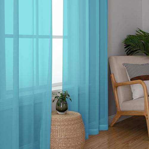 Image of Simplebrand Turquoise Sheer Curtains 63 Inch Length 2 Panels, Rod Pocket Solid Color Window Sheer Curtain Panels, Elegant Curtains & Drapes for Living Room, Bedroom 2 Panels (Turquoise, 42 inch W x 63 inch L)
