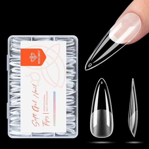 Image of Modelones Long Stiletto Nail Tips Pre-shaped Soft Gel Fake Nails False Full | Acrylic Clear Full Cover Press on Extension Kit Gel Manicure DIY at Home 216PCS 12Sizes