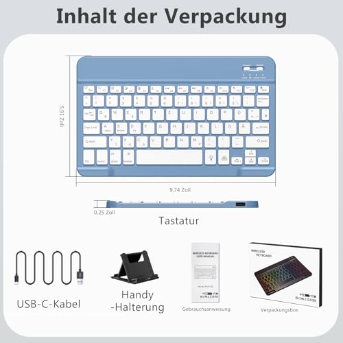 Vobafe Bluetooth Tastatur mit Telefonhalter für iOS/Android/Windows, Kabellose Tablet Tastatur für iPad/iPhone/Samsung/Laptop, Ultradünn Deutsche QWERTZ iPad Keyboard, 7 Farben Beleuchtete, Blau