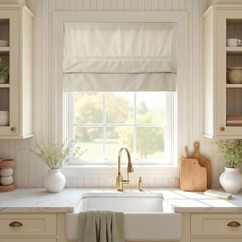 Image of TWOPAGES No Drill Cordless Farmhouse Ticking Stripe Roman Shades Roman Blinds for Windows, Custom Made Light Filtering Blackout Blinds Shades for French Door, Khaki Pinstripe, 1 Piece