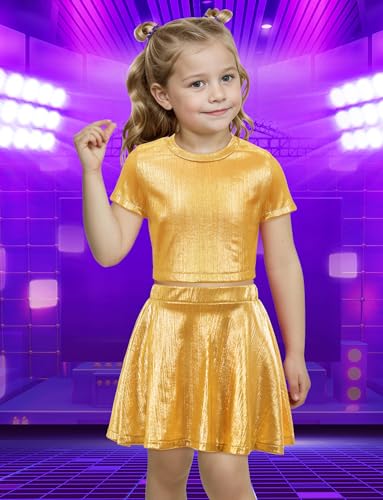 Image of Happy Cherry Kid Girl Shiny Skirt and Top Set 2 Piece Texture Ribbed Metallic Disco Rave Cheer Outfit 4-12T