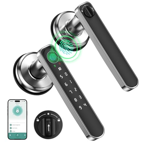 Fingerprint Door Lock, Smart Door knob, Fingerprint Door Knob, Bedroom Door Lock with Code and App, Keypad Keyless Entry Door Lock with Handle for Home Hotel Office Apartment