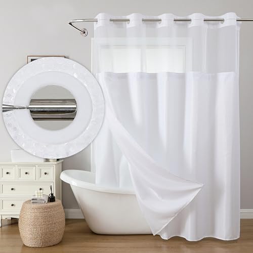 JYhoney White No Hook Shower Curtain with Snap in Liner, 230GSM Waffle Weave Shower Curtains Waterproof Polyester Fabric Shower Curtain Set for Bathroom Bathtubs, Through Mesh Top Window,71Wx74H