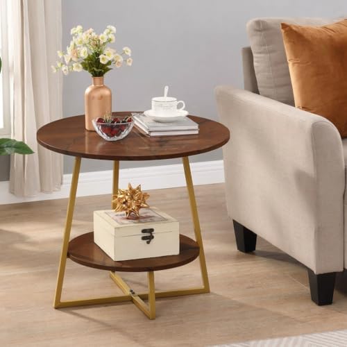 Image of Al Hama Rustic Farmhouse End Table Modern 2 Tier Sofa Side Bedside Table, Metal Frame Nightstand, Multipurpose Living Room Bedroom Coffee Table Golden Brown