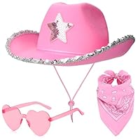 3Pcs Cowboy Hat Pink for Women – Sequin Western Hat, Paisley Bandana & Heart Sunglasses, Western Cowgirl Fancy Dress Costume Accessories for Halloween, Bachelor Party (A)