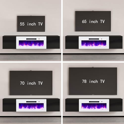 Image of AMERLIFE Floating TV Stand with 36 inch Electric Fireplace, High Gloss Finish Wall Mounted Fireplace Entertainment Center with Storage for TVs Up to 78 inch, Black /White