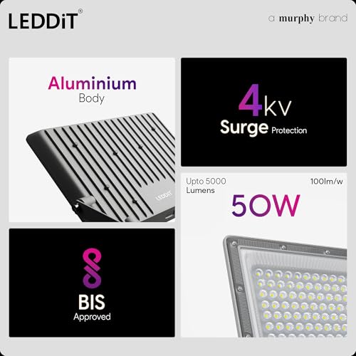 Image of Aster 50W LED Flood Light with 2-Year Warranty | IP66 Waterproof Outdoor Light for Garage, Garden, Shop, Parking | Cool White | BIS Approved | Pack of 5