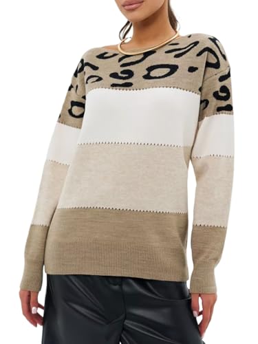 Women's Leopard Printed Striped Sweater Casual Crewneck Knitted Long Sleeve